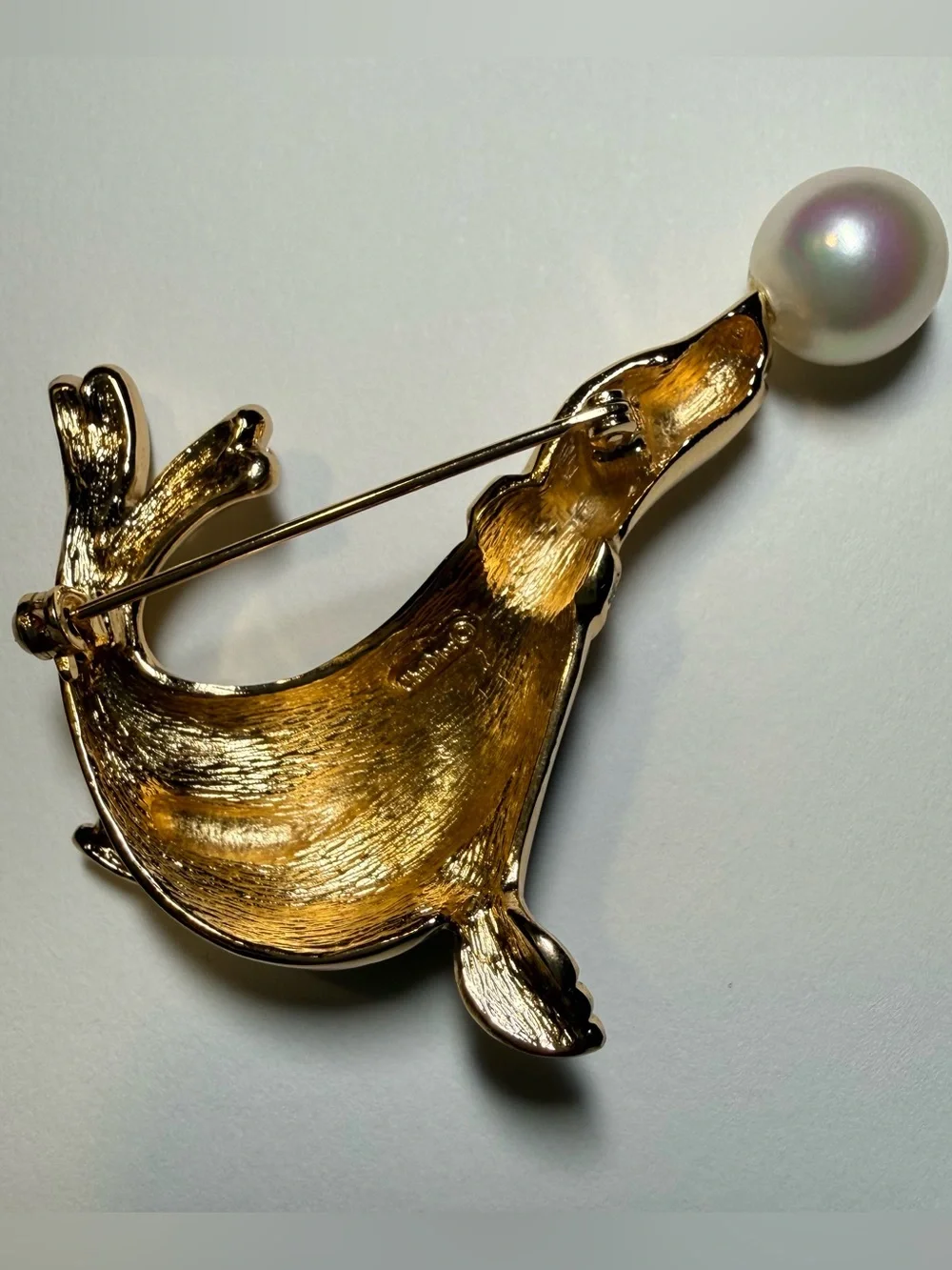 Vintage CHRISTIAN DIOR Black Enamel Crystal Seal Brooch Pearl Accent Gold Plated